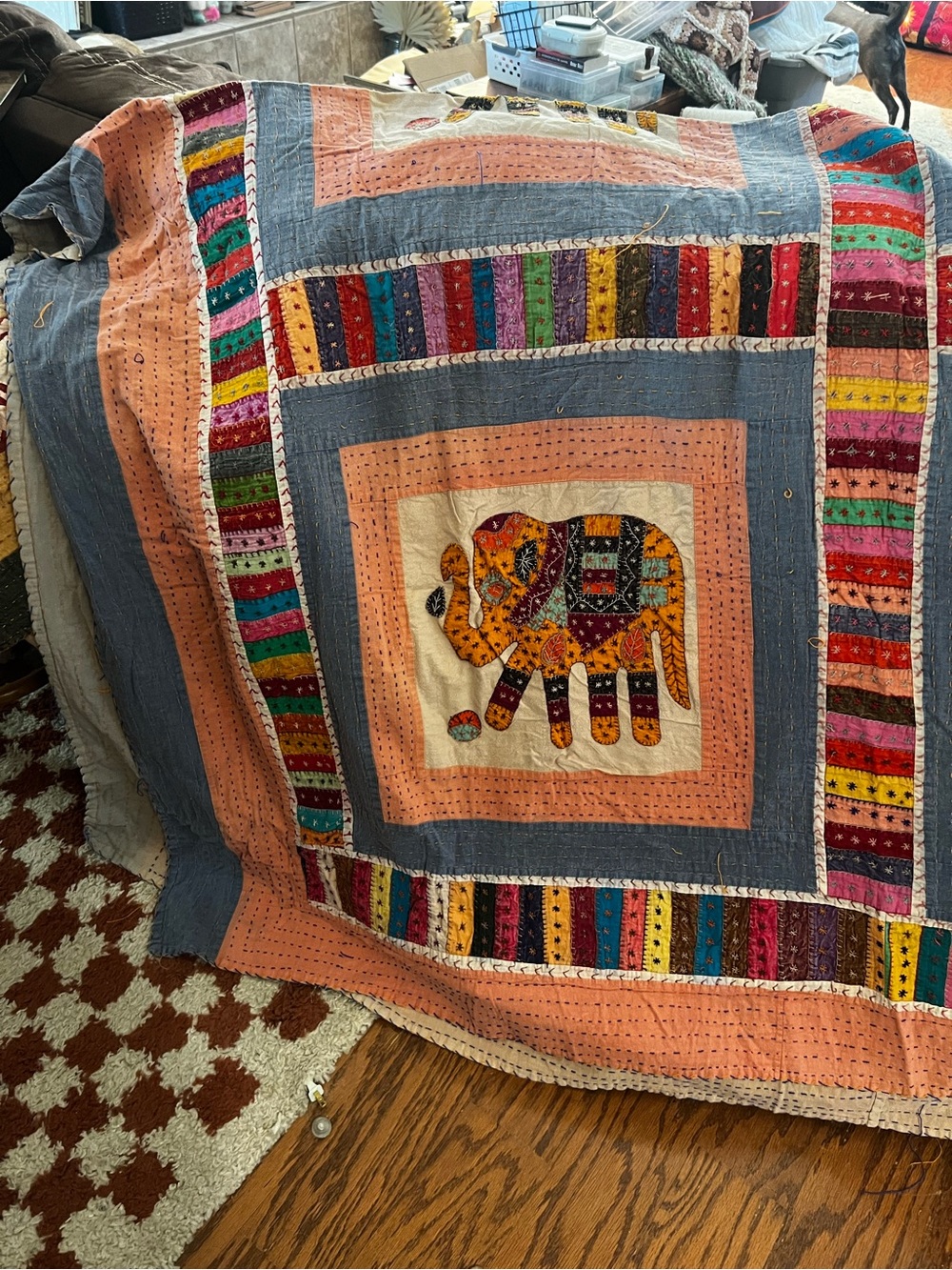 Handmade Multicolor Elephant Patchwork Quilt - Peach & Blue